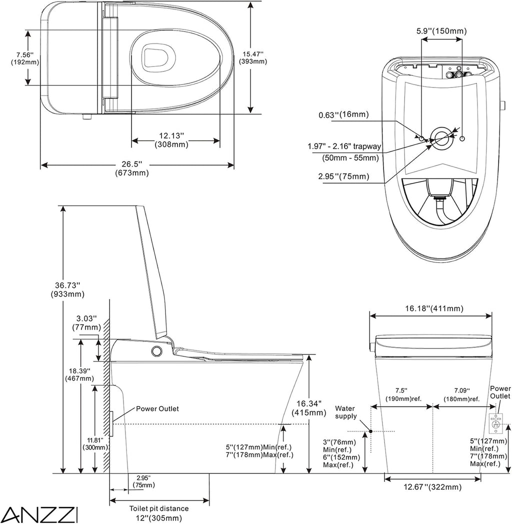 ANZZI Juno Smart One-Piece Toilet and Bidet Set White 26 in Heated Seat Front & Rear Wash Warm Air Dryer Foot Sensor Auto Flush Remote Control Soft-Close Lid Self-Cleaning Nozzles | TL-ST823WH