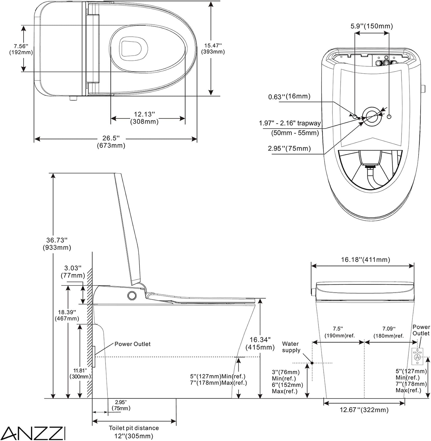 ANZZI Juno Smart One-Piece Toilet and Bidet Set White 26 in Heated Seat Front & Rear Wash Warm Air Dryer Foot Sensor Auto Flush Remote Control Soft-Close Lid Self-Cleaning Nozzles | TL-ST823WH