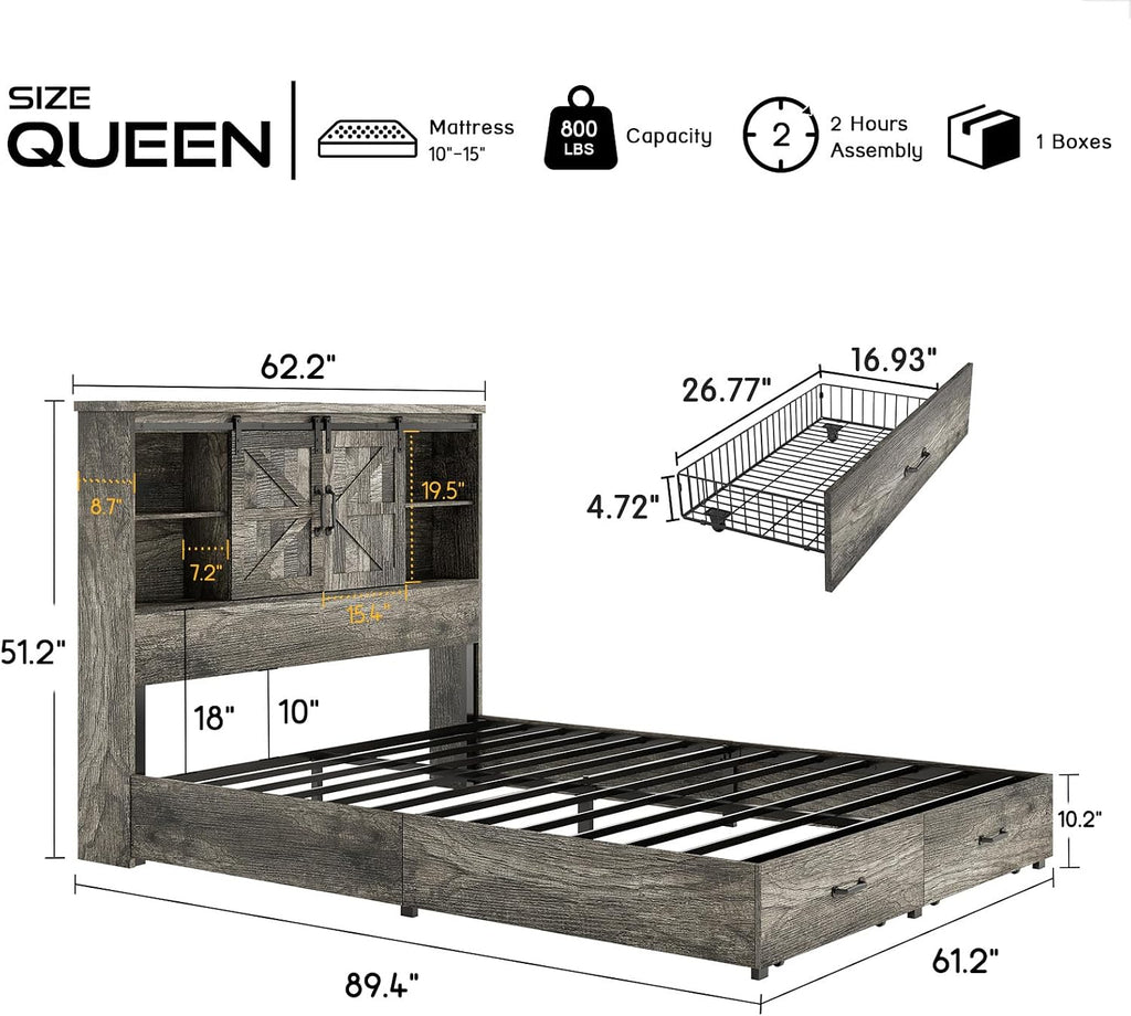 HOWE Farmhouse Queen Size Bed Frame with 51.2' Bookcase Headboard, Wooden Platform Bed with 2 Drawers, Sliding Barn Door Dec, Storage Bed with Charging Station, No Box Spring Needed, Rustic Grey