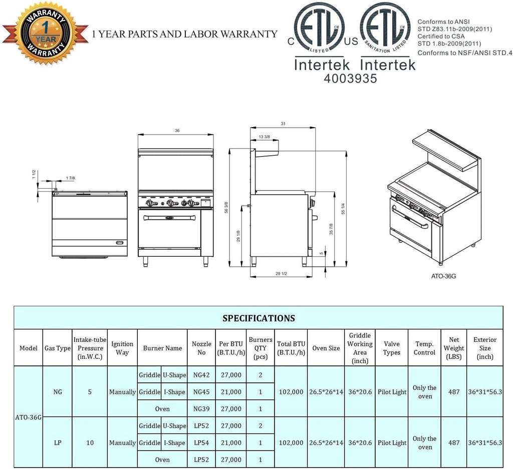 Atosa AGR Commercial Gas Range, 36' Gas Range, Griddle Top, (1) Standard Oven, Propane Gas (AGR-36G-LP)