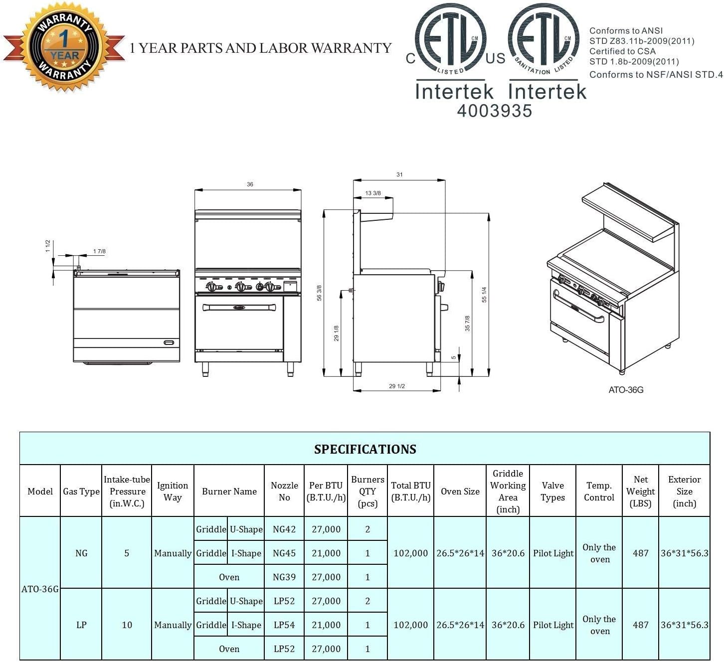Atosa AGR Commercial Gas Range, 36' Gas Range, Griddle Top, (1) Standard Oven, Propane Gas (AGR-36G-LP)
