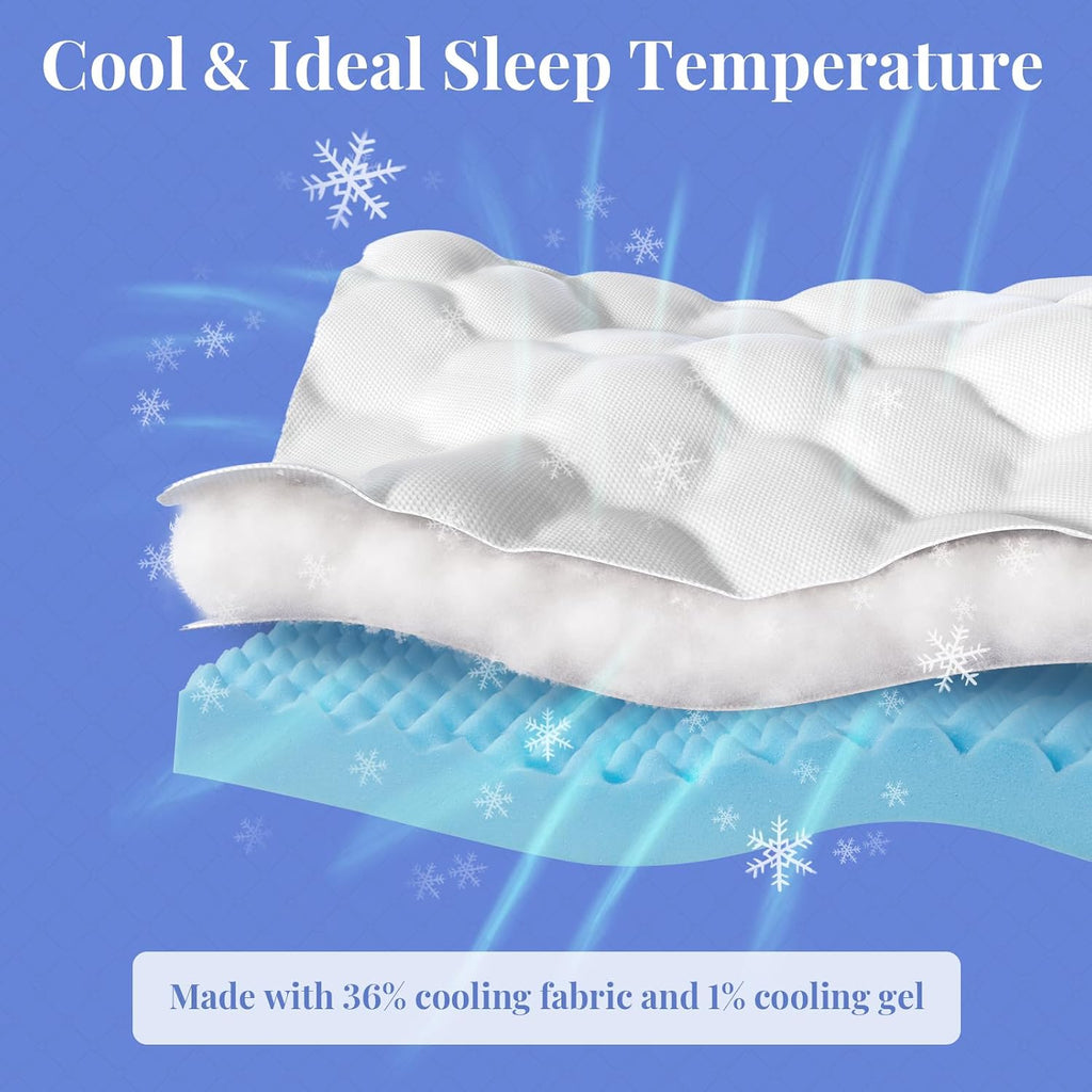OhGeni Cooling 5 lnch Queen Size Dual Layer Mattress Topper, 3 Inch Egg Crate Gel Memory Foam, 2 Inch Pillow Top Pad, Bedroom Essentials Mattresses Cover, Extra Comfortable Sleep and Back Pain Relief