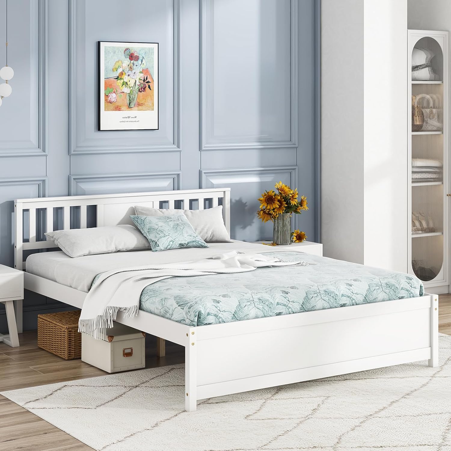 Giantex Queen Size Solid Wood Platform Bed Frame, Mid Century Queen Bed Frame with Headboard, Wooden Slat Support, Queen Panel Bed, No Box Spring Needed, Easy Assembly, White