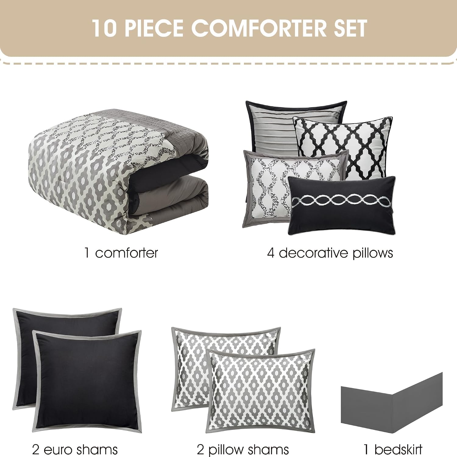 Stratford Park Geometirc King Black Comforter Set, 10 Piece, Jacquard Bedding Comforters & Sets, Bedskirt, Pillows & Shams, Ultra-Soft