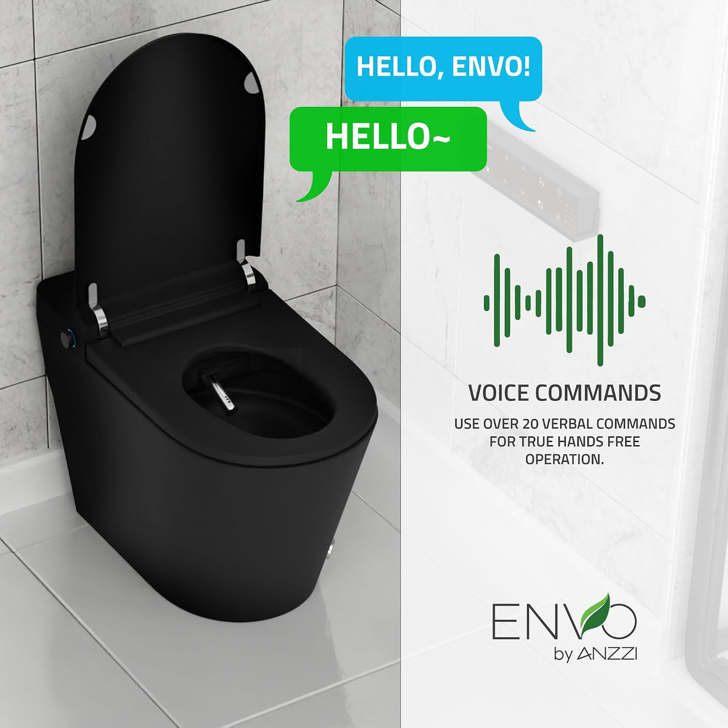 ANZZI Echo Smart Bidet Toilet Elongated One-Piece 1.28 GPF Matte Black with Auto Open Close, Auto Flush, Voice and WiFi Control, Heated Seat, Warm Water Wash, Remote Control | TL-ST950WIFI-MB