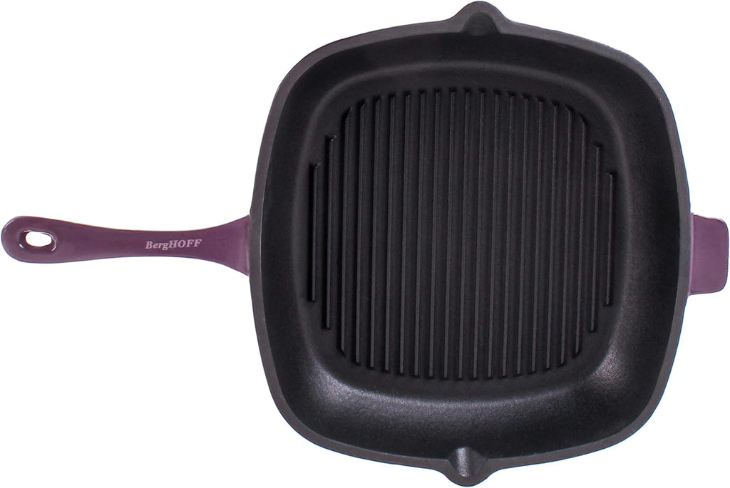 BergHOFF 3Pc Neo Enameled Cast Iron Cookware Set, 3qt. Dutch Oven, Matching Lid, Square Grill Pan 11 Inches, Oven Safe Up To 400°F, Purple