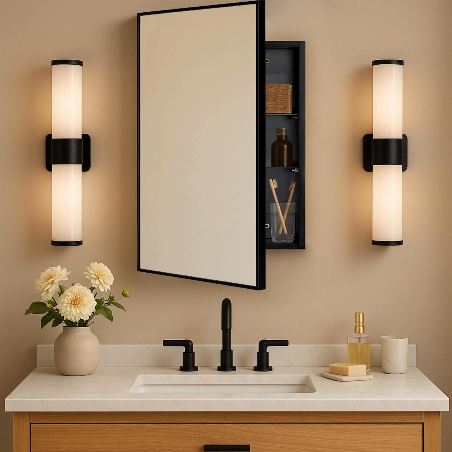 TEHOME 20'' x 30'' Black Recessed and Surface Mount Bathroom Medicine Cabinet with Mirror Matt Black Square Cornered Metal Framed Rounded Rectangle Medicine Cabinet Mirror