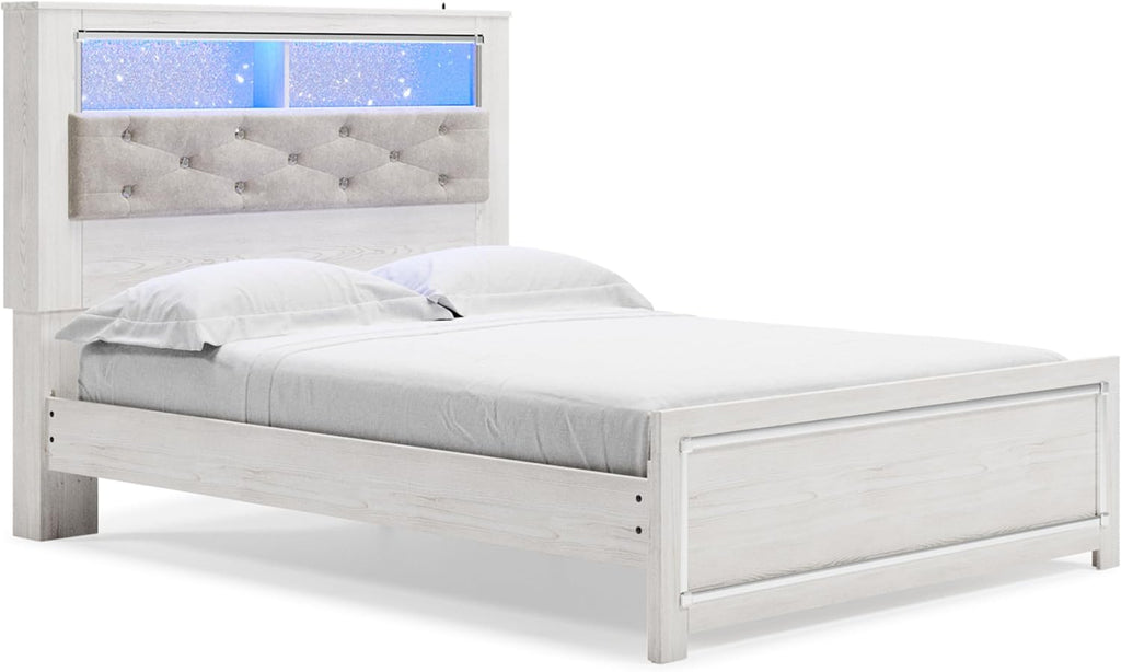 Signature Design by Ashley Altyra Glam Tufted Upholstered Queen Platform Bookcase Bed with LED Lighting, Foundation or Box Spring Not Needed, White