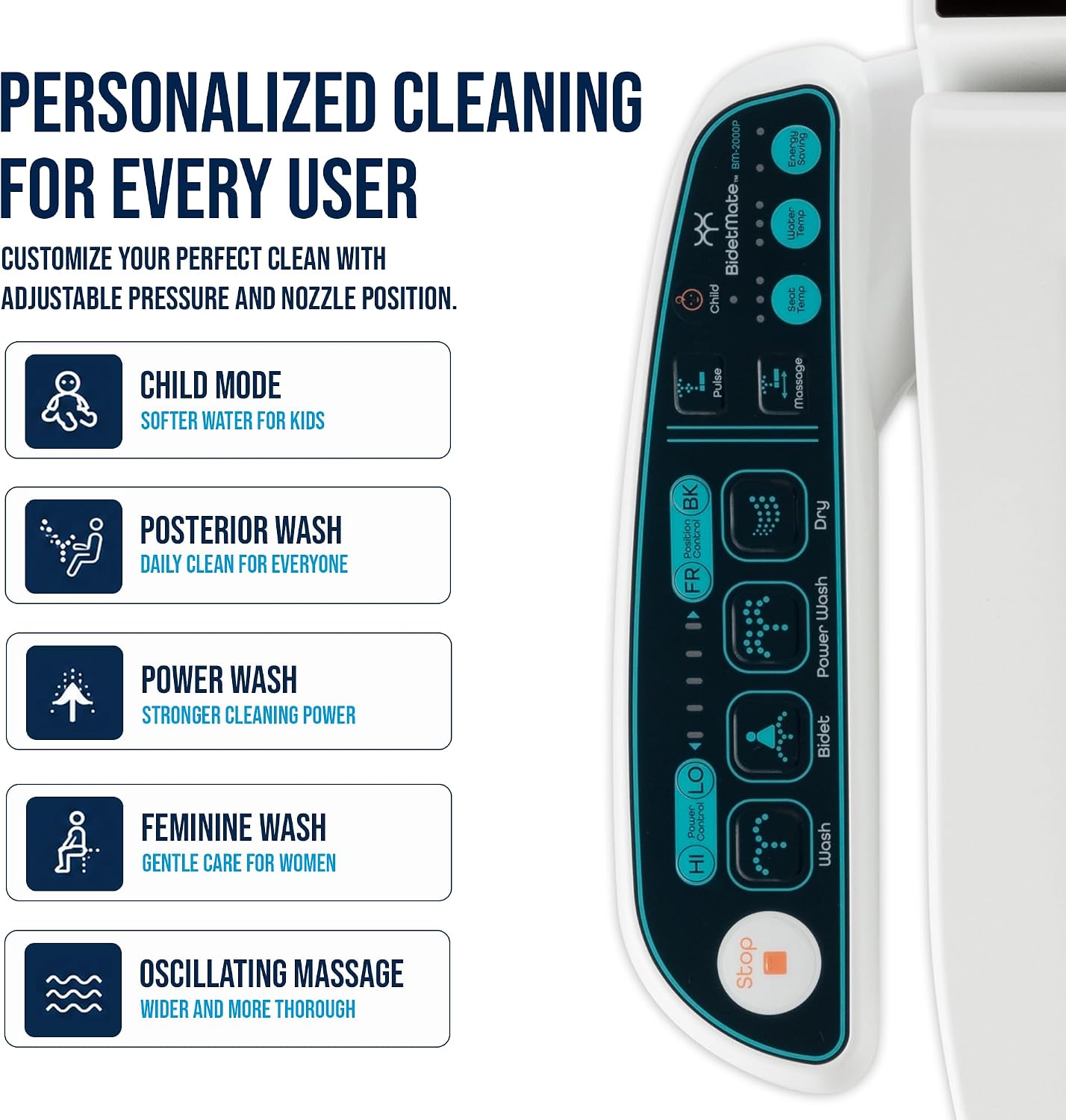 BidetMate Electric Bidet Toilet Seat 2000 Series, Unlimited Heated Water, Side Controls, Deodorizer, Warm Air Dryer, Self-Cleaning Nozzle, Elongated ABS Seat, Adjustable Wash Modes
