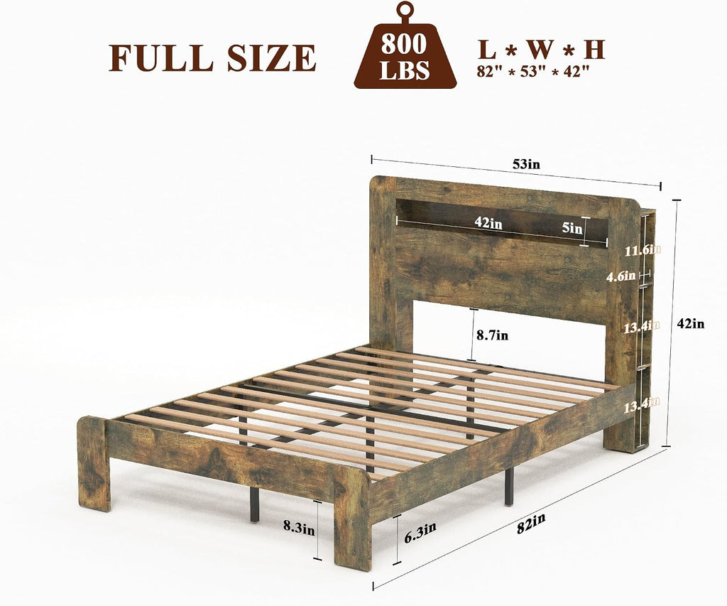 Bellemave Rustic Vintage Full Size Bed Frame with Bookshelves,Storage Headboard and Charging Station,Wooden Platform Bed Frame Full Size with LED Lights and Wood Slats,Easy Assembly,Dark Brown