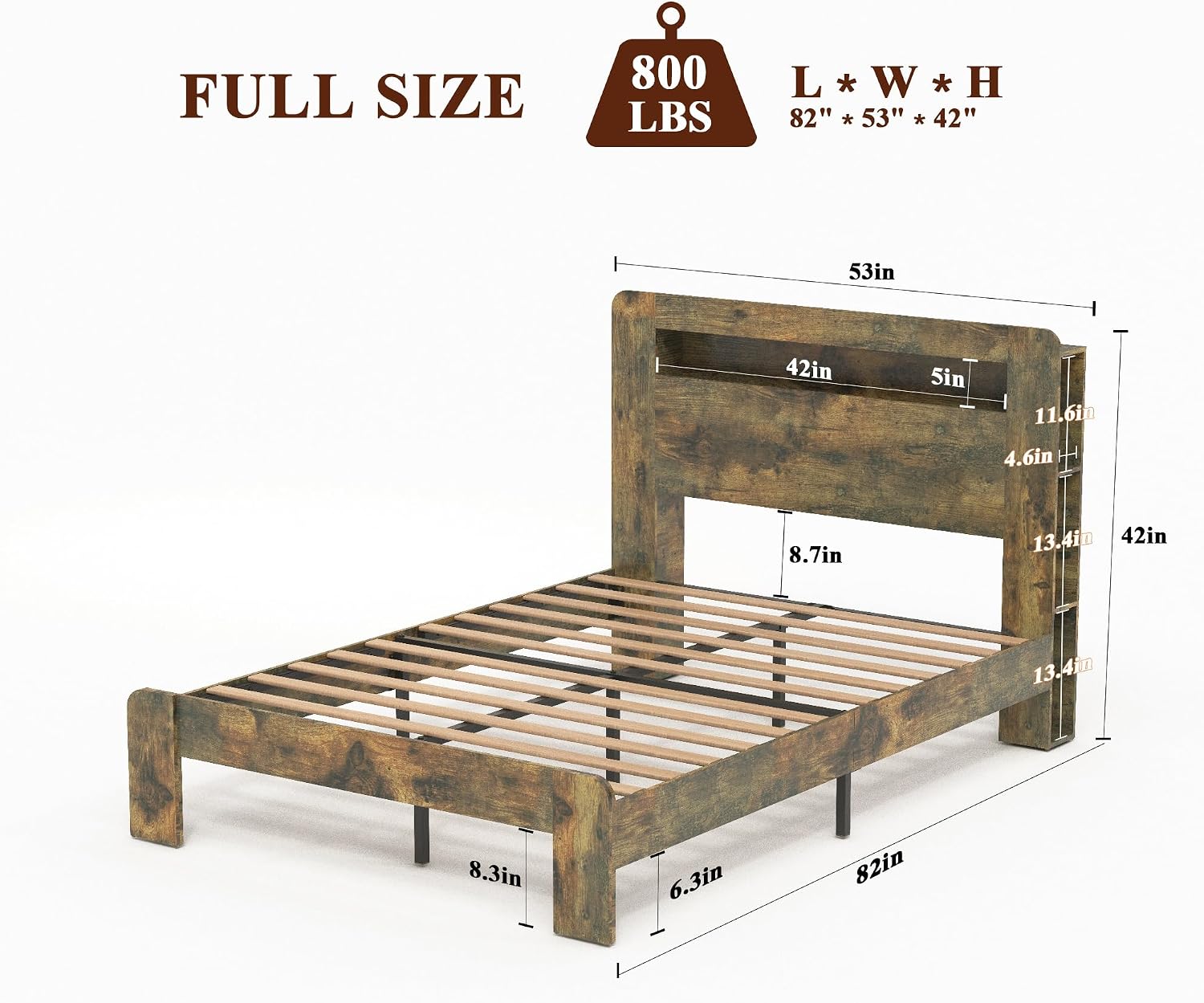 Bellemave Rustic Vintage Full Size Bed Frame with Bookshelves,Storage Headboard and Charging Station,Wooden Platform Bed Frame Full Size with LED Lights and Wood Slats,Easy Assembly,Dark Brown