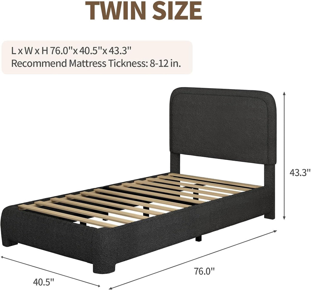 BarnFurin Twin Size Bed Frame, Boucle Upholstered Platform Bed Frame with Headboard, Soft Rounded Corners, No Box Spring Required, Non-Slip and Noise-Free, Easy Assembly, Black