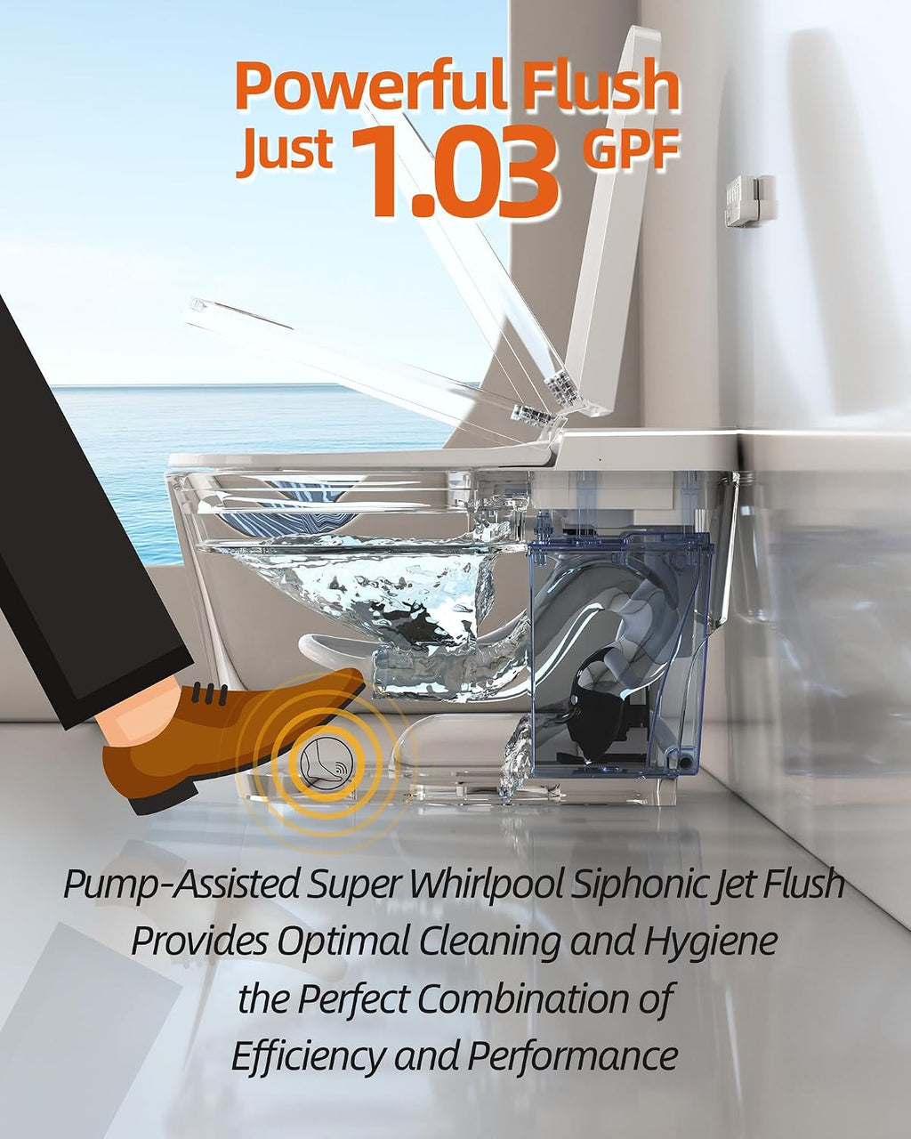 Smart Toilet with Bidet Built in, Luxury One Piece Elongated Bidet Toilet with Auto Close & Flush, Foot Sensor to Open/Close/Flush, Heated Seat, Massage Wash, Night Light, Remote Control