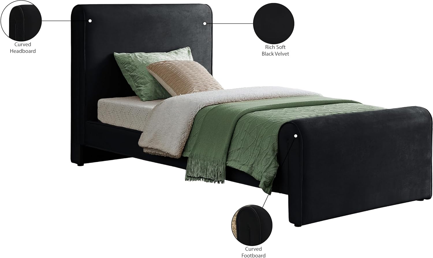 Meridian Furniture SloanBlack-T Sloan Collection Modern | Contemporary Velvet Upholstered Twin Bed with Rich Soft Black Velvet, Curved Headboard and Footboard, 44.5' W x 92' D x 45' H, Black, Twin