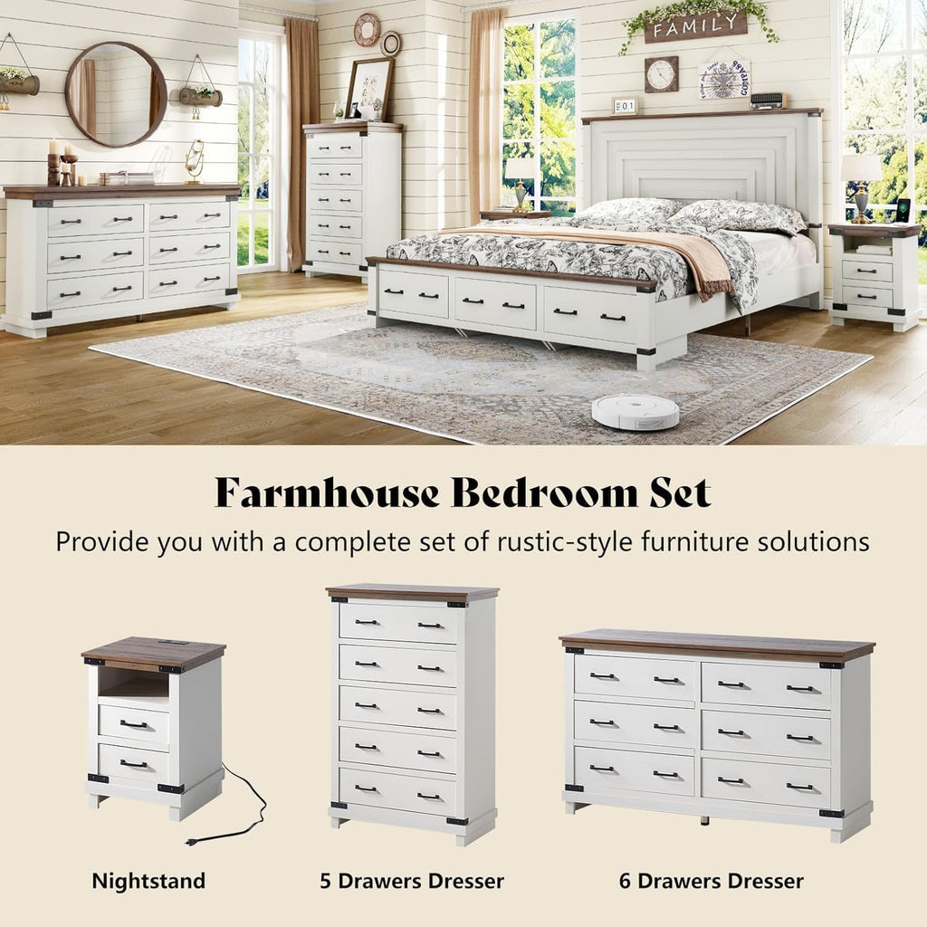 AMERLIFE 2 Pieces Farmhouse Bedroom Set, Rustic Wooden Queen Bed Frame with 54' Tall Headboard & 6 Drawers Dresser Chest, Heavy Duty Thick Plank Design, Antique White