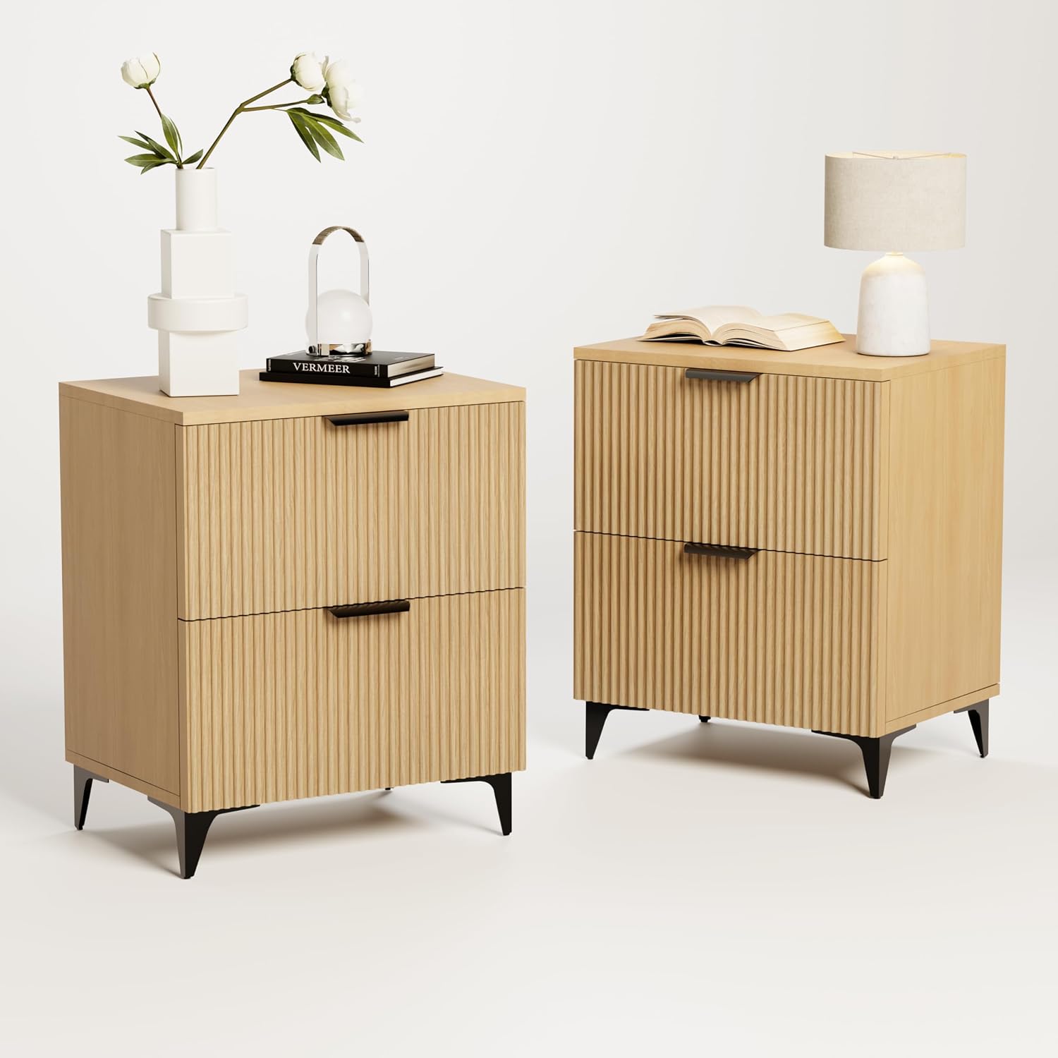 Royal Windsor Small Night Stand Set of 2, Fluted Nightstand with 2 Drawers, Side End Table with Storage, Modern Night Stand Bedside Table for Small Indoor Rooms, Natural Oak