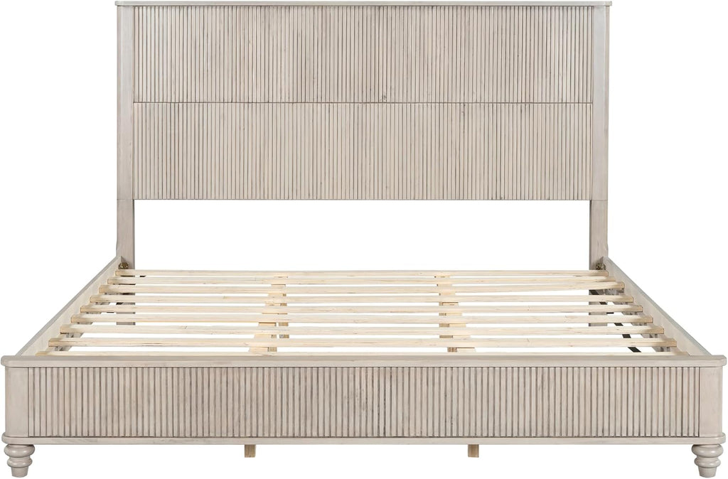 King Size Solid Wood Platform Bed Frame, Wood Platform Bed Frame with 79.13' Headboard, Solid Wood Leg/No Box Spring Needed/Noise Free/Beige