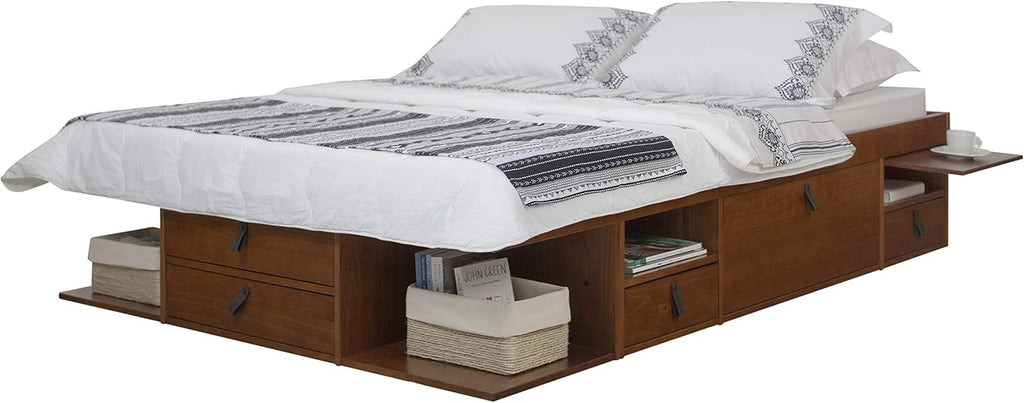 memomad Bali Slim Set: Storage Platform Bed with Drawers + Flat Panel Headboard (Queen Size, Caramel Brown Wood)