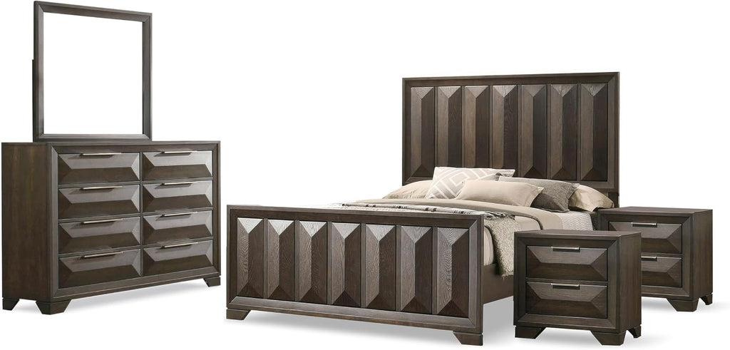 Furniture of America Wanden Solid Wood 5-Piece Bedroom Set, King-Size Bed with Vertical Faceted Headboard and Footboard, Beveled Bracketed Feet, Box Spring Needed, Espresso