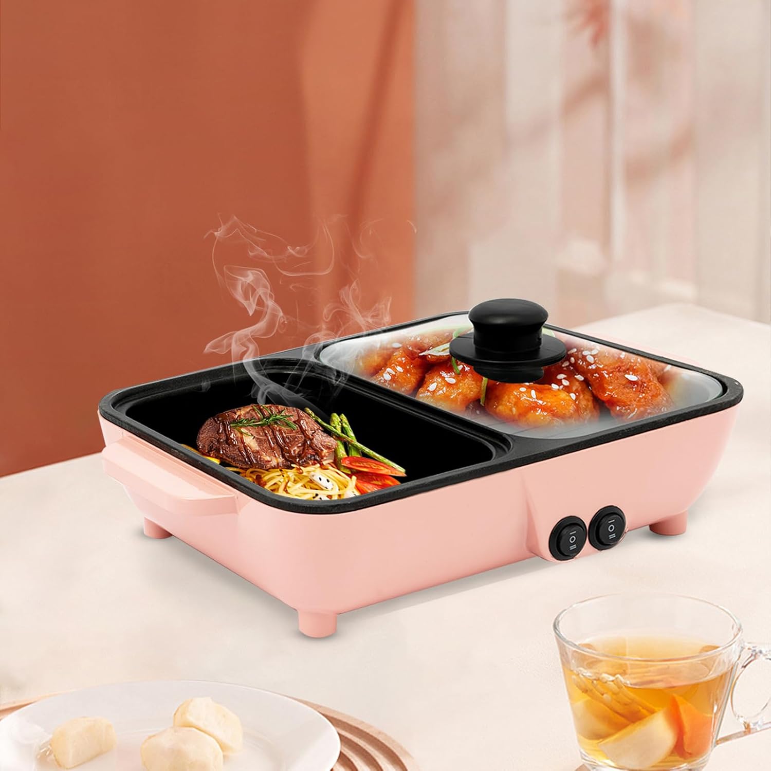 Electric Grill Hot Pot 2 In 1, Multifunctional Smokeless Grill Indoor Teppanyaki Grill/Shabu Pot Separate Dual Temperature Contral, Non-Stick Pan BBQ Capacity for 1-42 People