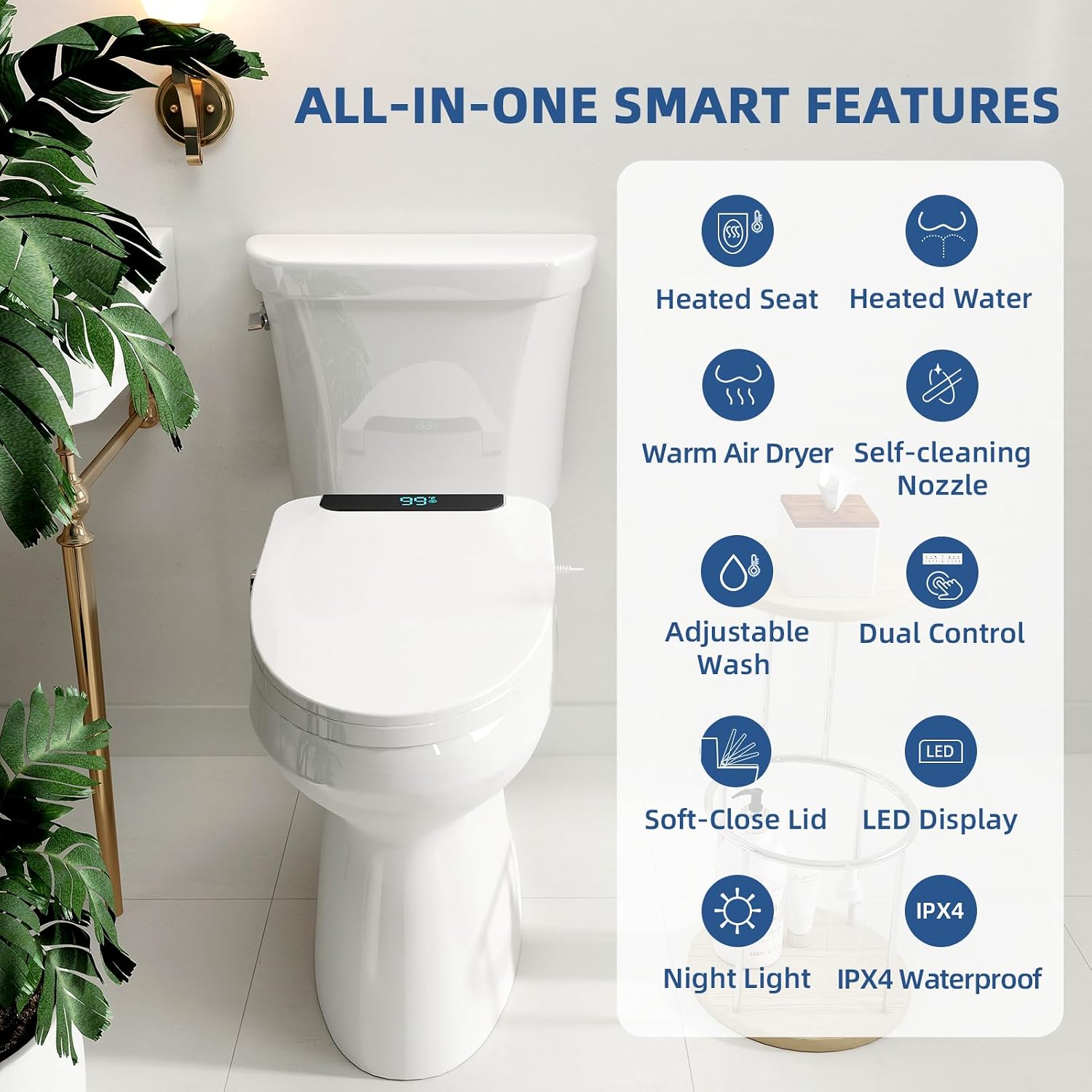 Electric Bidet Toilet Seat Elongated, Heated Bidet Seat with Instant Warm Water, Warm Air Dryer, Self-Cleaning Stainless Steel Nozzle, Heated Seat, Night Light, Remote Control, Soft Close