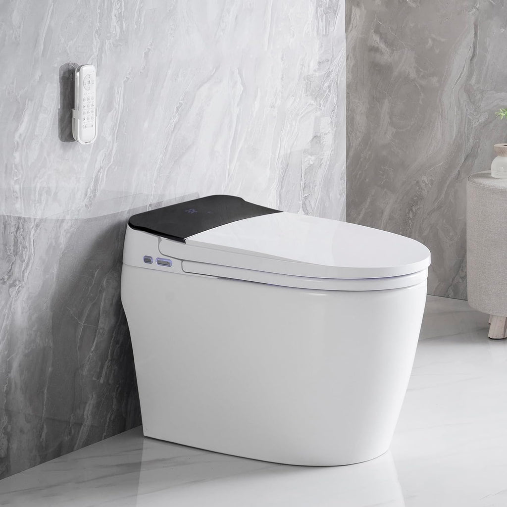 Elongated Smart Toilet with Elongated Heated Bidet Seat, Intelligent Toilet with Bidet Built in, Feet Sensor,Auto Open,Close Seat, Off Seating AUTO Flush, Night Light, Warm Water Dryer,White
