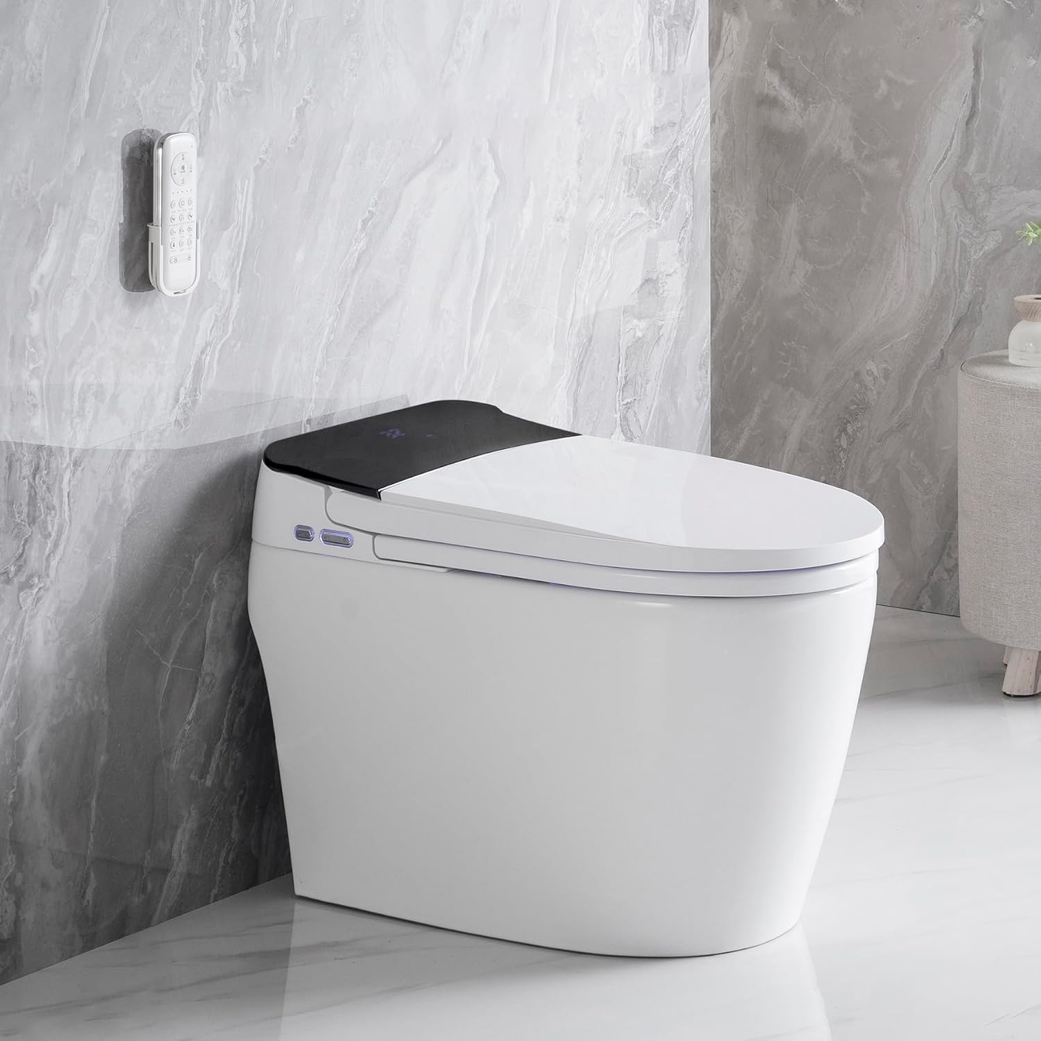 Elongated Smart Toilet with Elongated Heated Bidet Seat, Intelligent Toilet with Bidet Built in, Feet Sensor,Auto Open,Close Seat, Off Seating AUTO Flush, Night Light, Warm Water Dryer,White