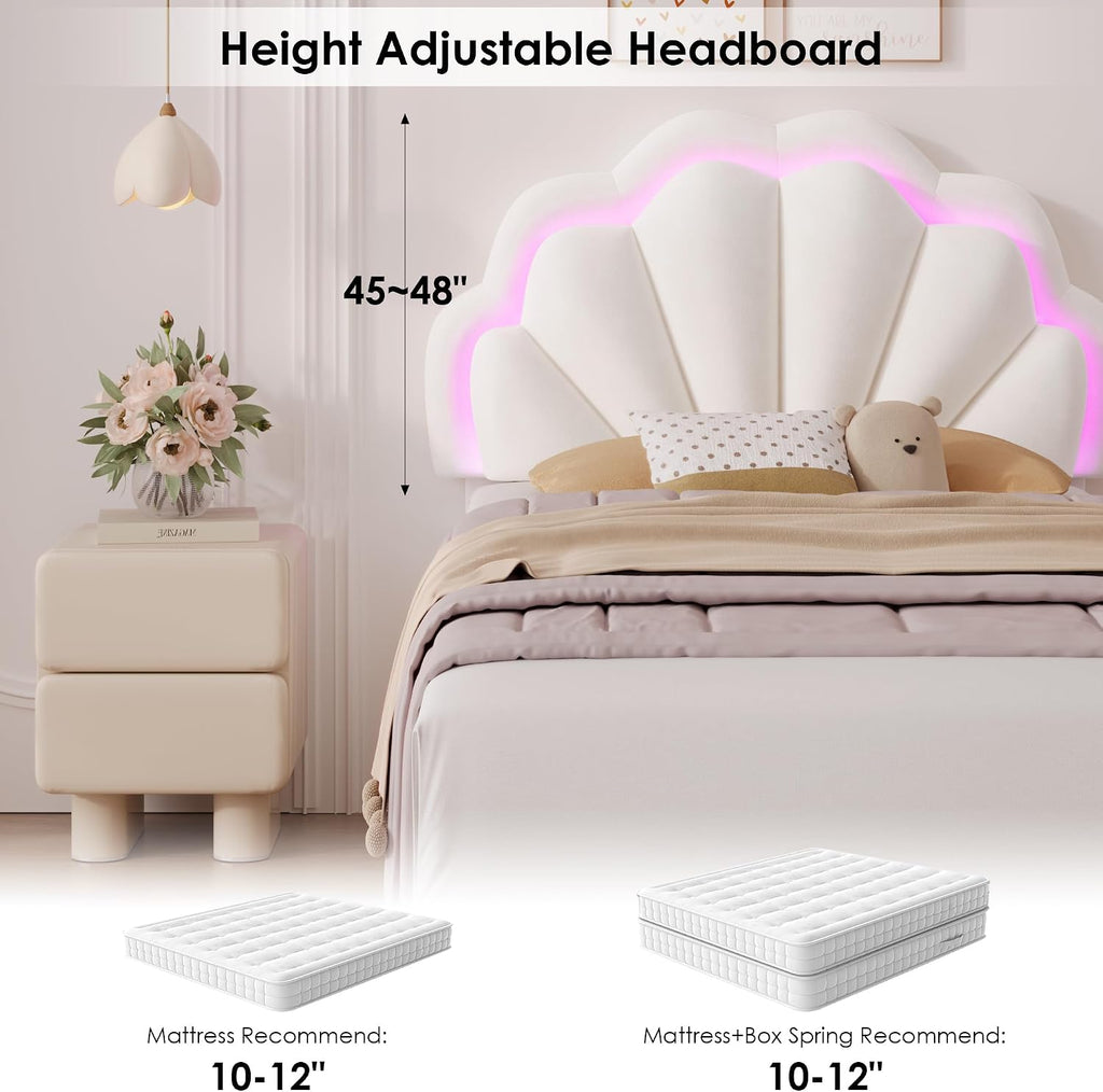 HIFIT Twin Upholstered Smart LED Bed Frame with Storage Drawer and Adjustable Chic Double Petal Headboard, Princess Platform Bed for Girls/Kids, Solid Wood Slat Support/No Box Spring Needed, Beige