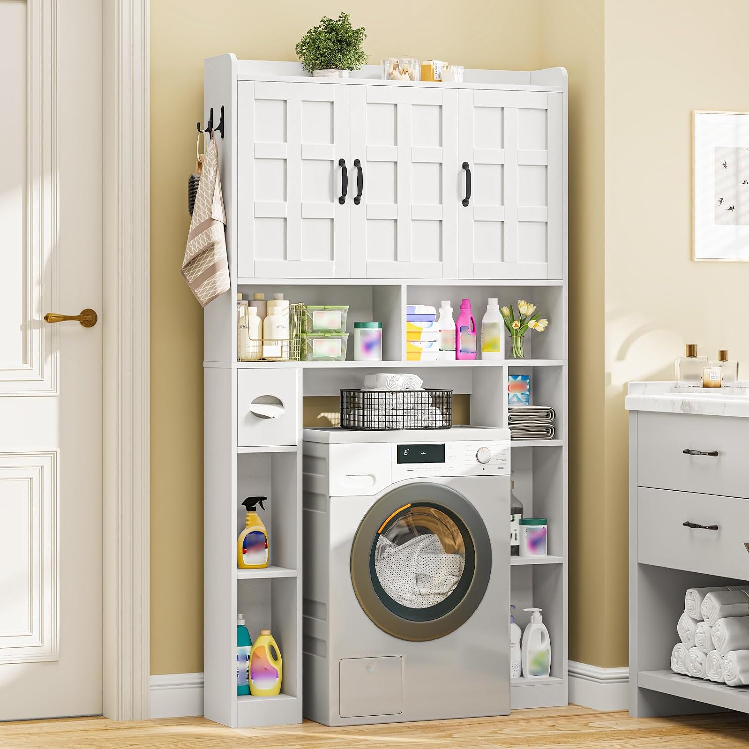 Vabches Over The Toilet Storage Cabinet,Farmhouse Bathroom Organizer with 3 Barn Doors & Adjustable Storage Shelf,Space-Saving Toilet Rack with Toilet Paper Holder Stand for Restroom, Laundry, White