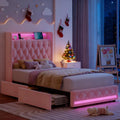 HIFIT Upholstered Twin LED Bed Frame with Charging Station Headboard & 2 Storage Drawers, Velvet Crystal Button-Tufted Princess Twin Size Platform Bed Frames for Kids/Girls, No Box Spring Needed, Pink