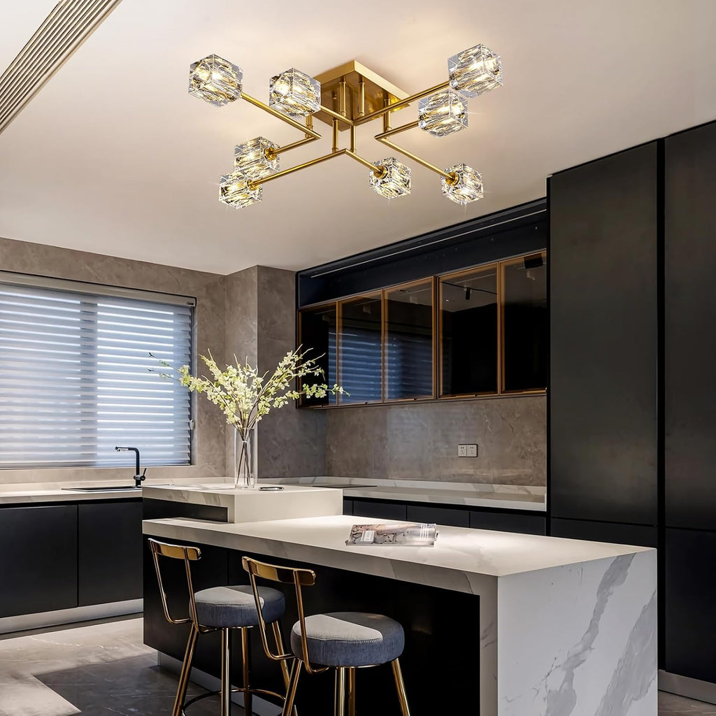 Modern Crystal Ceiling Light,Semi Flush Mount Ceiling Light Fixture with 8-Lights,Gold Sputnik Chandeliers for Bedroom,Dining Room,Farmhouse Kitchen,Office,Living Room