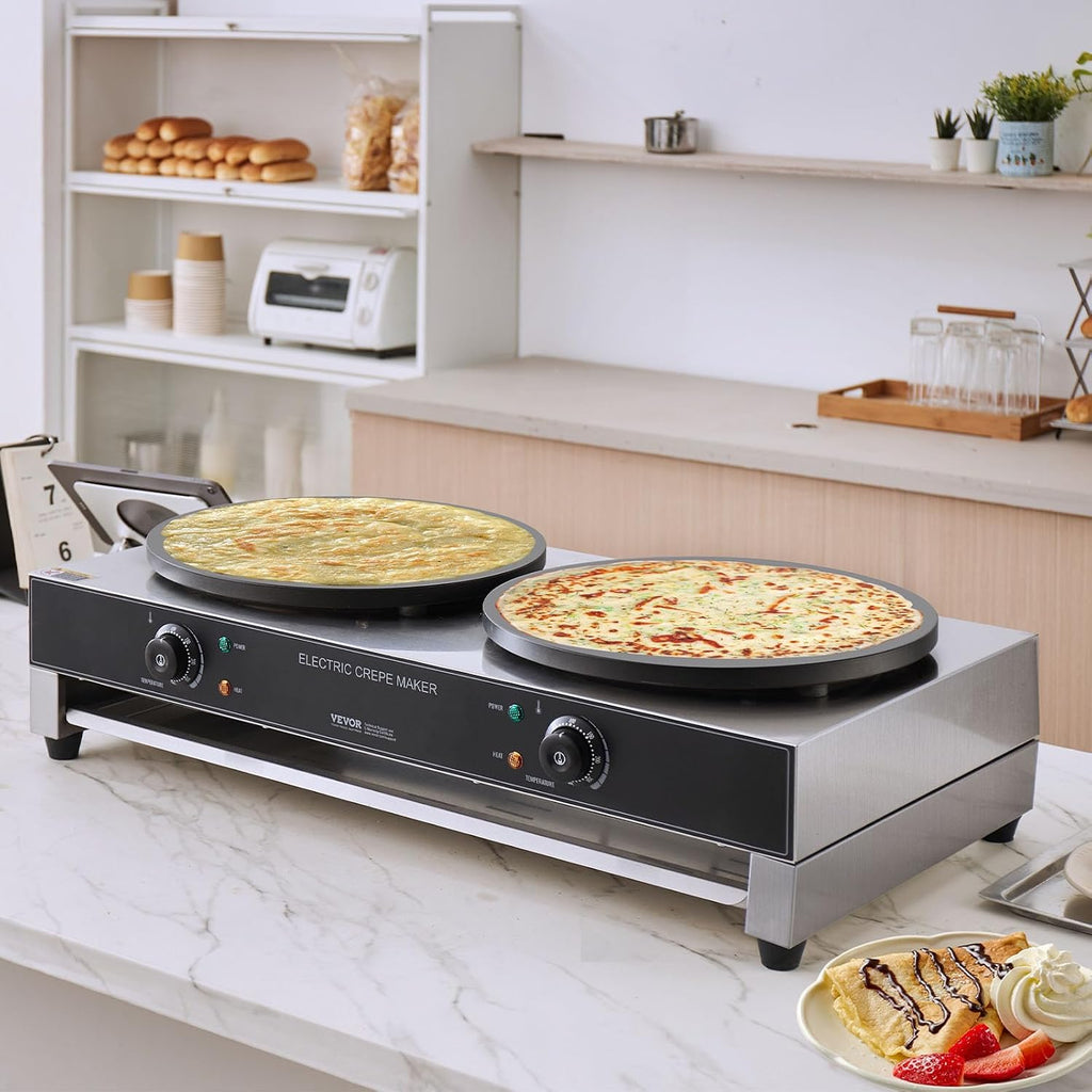 VEVOR Electric Crepe Maker, 16-Inch Double Head Commercial Crepe Machine, 3400W Flat Plate Crepe Griddle, Nonstick Stainless Steel Pancake Making, Desktop Circular Cereals Pancake Stove, AC120V 60Hz