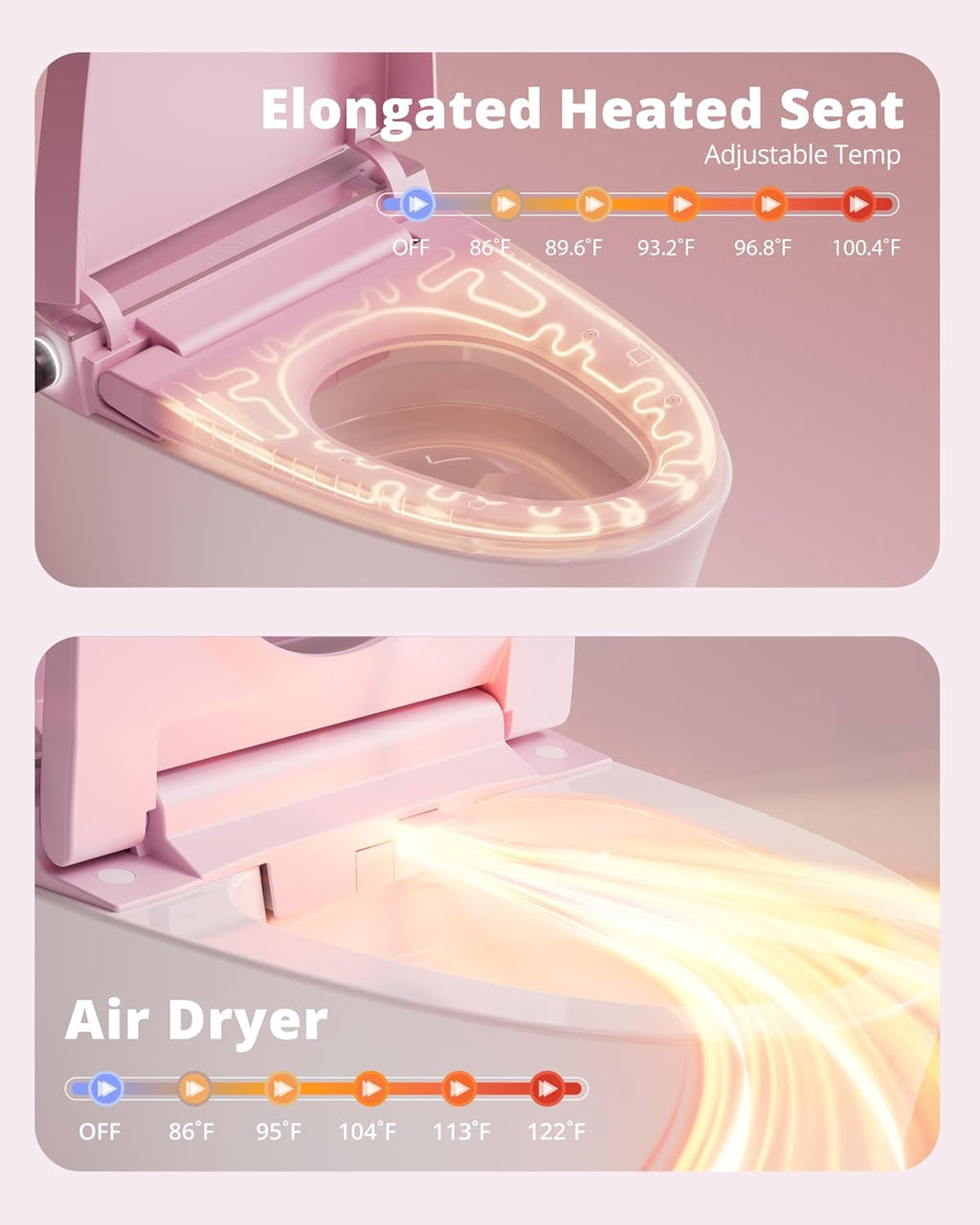 CANEST Pink Smart Toilet with Bidet Built In, ADA Comfort Height Bidet Toilet with Tank, Auto Open&Close Lid, Adaptive Heated Seat Warm Water Dryer, Foot Sensor, 1000g MAP Flush, Remote Control