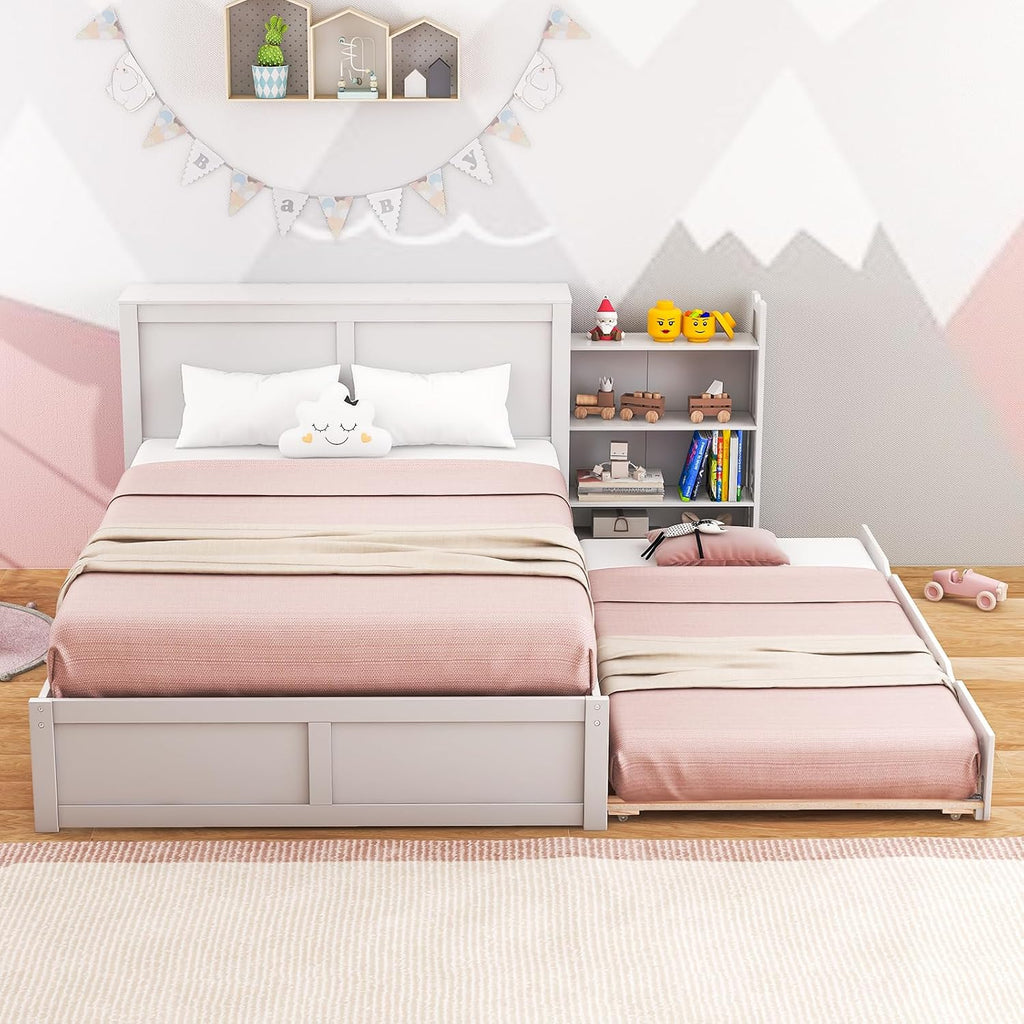 Giantex Full Size Bed Frame with Twin Trundle, Wooden Storage Platform Bed with 2 Rolling Bookcases & Headboard, Full Bed Frames for Kids, No Box Spring Needed, White