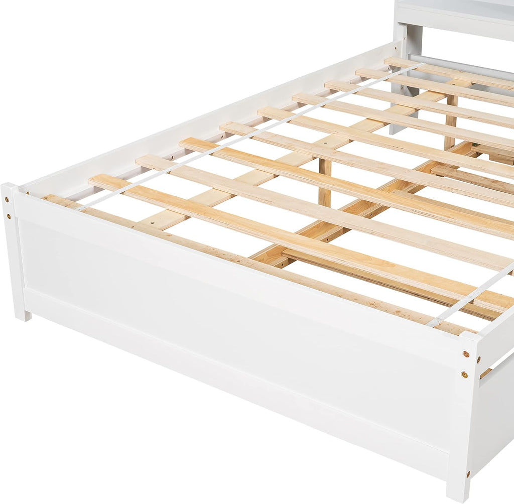 Full Size Bed Frame with Trundle,Captain's Bed Full with Bookcase Headboard for Kids,Trundle Bed with Storage for Kids,Teens,Adults(White)