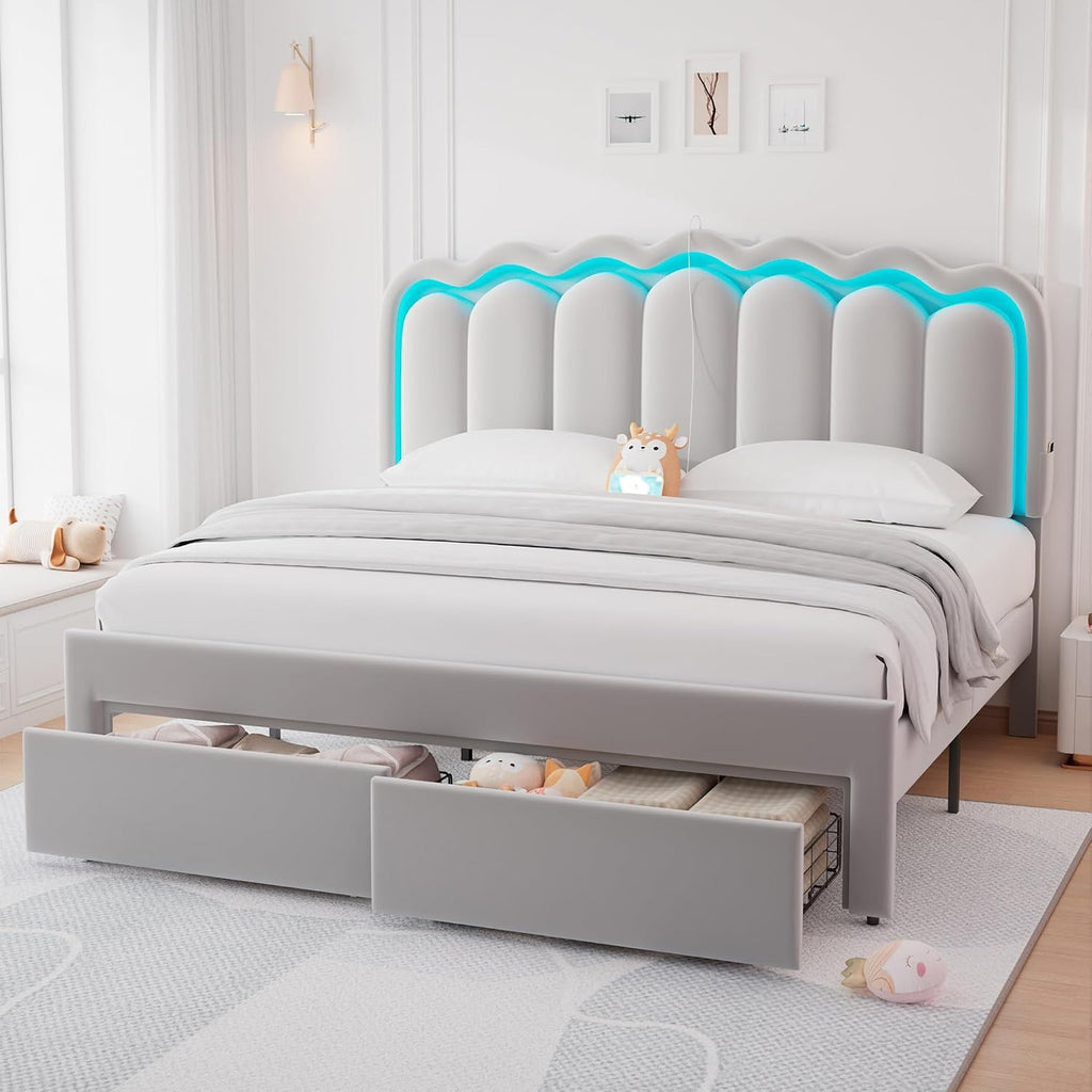 King Upholstered LED Bed Frame with 2 Storage Drawers and Adjustable Chic Double Wavy Headboard, Velvet Princess Platform Bed with Charing Station, Solid Wood Slats Support, No Box Spring Needed, Grey