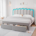 King Upholstered LED Bed Frame with 2 Storage Drawers and Adjustable Chic Double Wavy Headboard, Velvet Princess Platform Bed with Charing Station, Solid Wood Slats Support, No Box Spring Needed, Grey