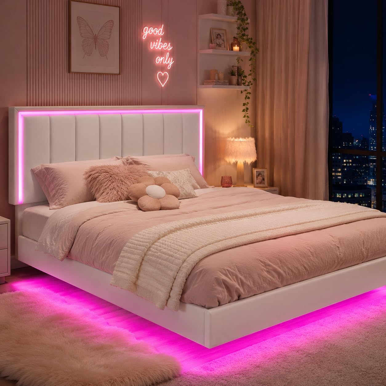 IMMERSTABLE Queen Size Floating Bed Frame with LED Lights, Upholstered Platform Bed with Headboard, 11 in Storage Clearance, Solid Wood Slats, No Box Spring Needed, Easy Assembly, White