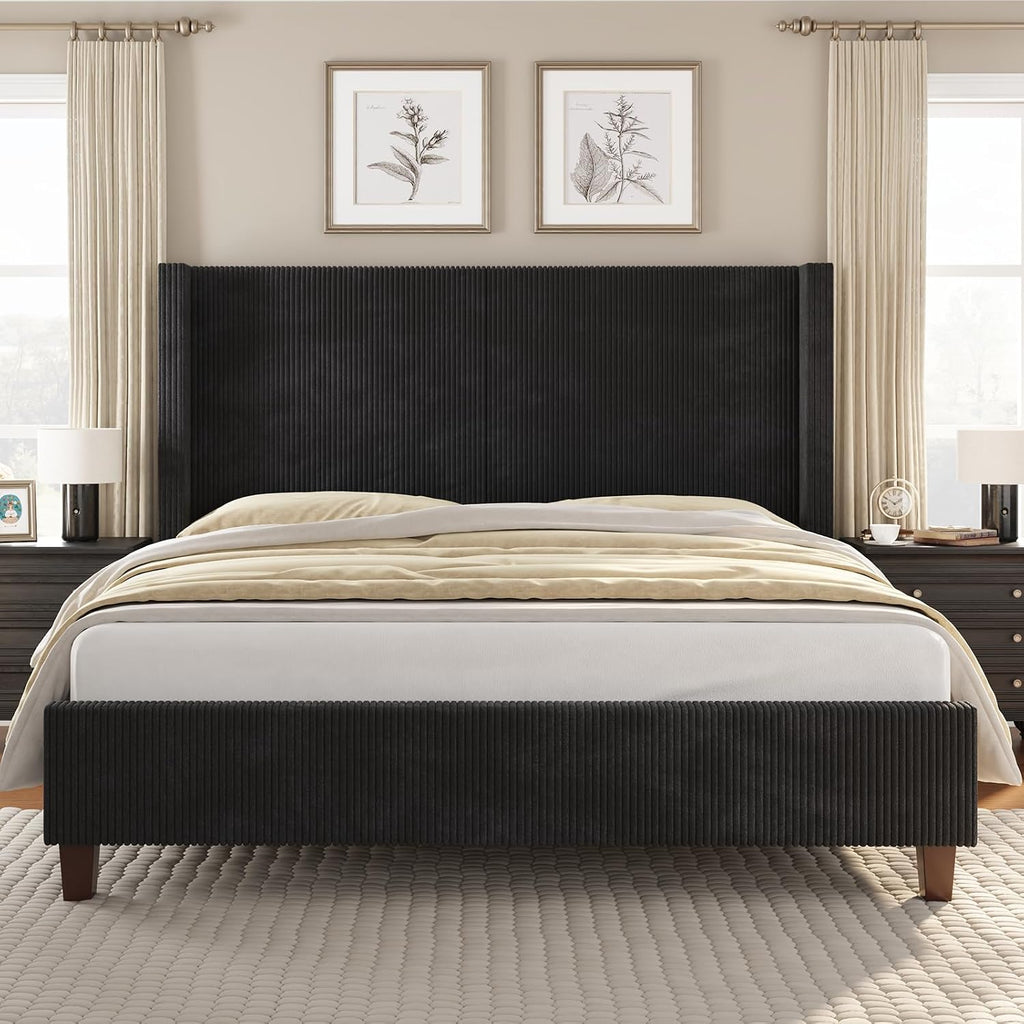 VanAcc King Size Platform Bed Frame, 50.8' Corduroy Upholstered Bed with Vertical Channel Tufted Headboard/Wooden Slats/Wingback/No Box Spring Required/Black