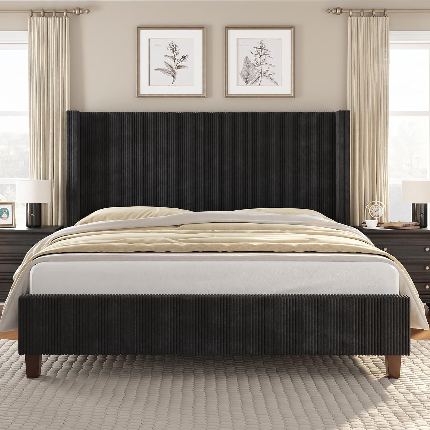 VanAcc King Size Platform Bed Frame, 50.8' Corduroy Upholstered Bed with Vertical Channel Tufted Headboard/Wooden Slats/Wingback/No Box Spring Required/Black