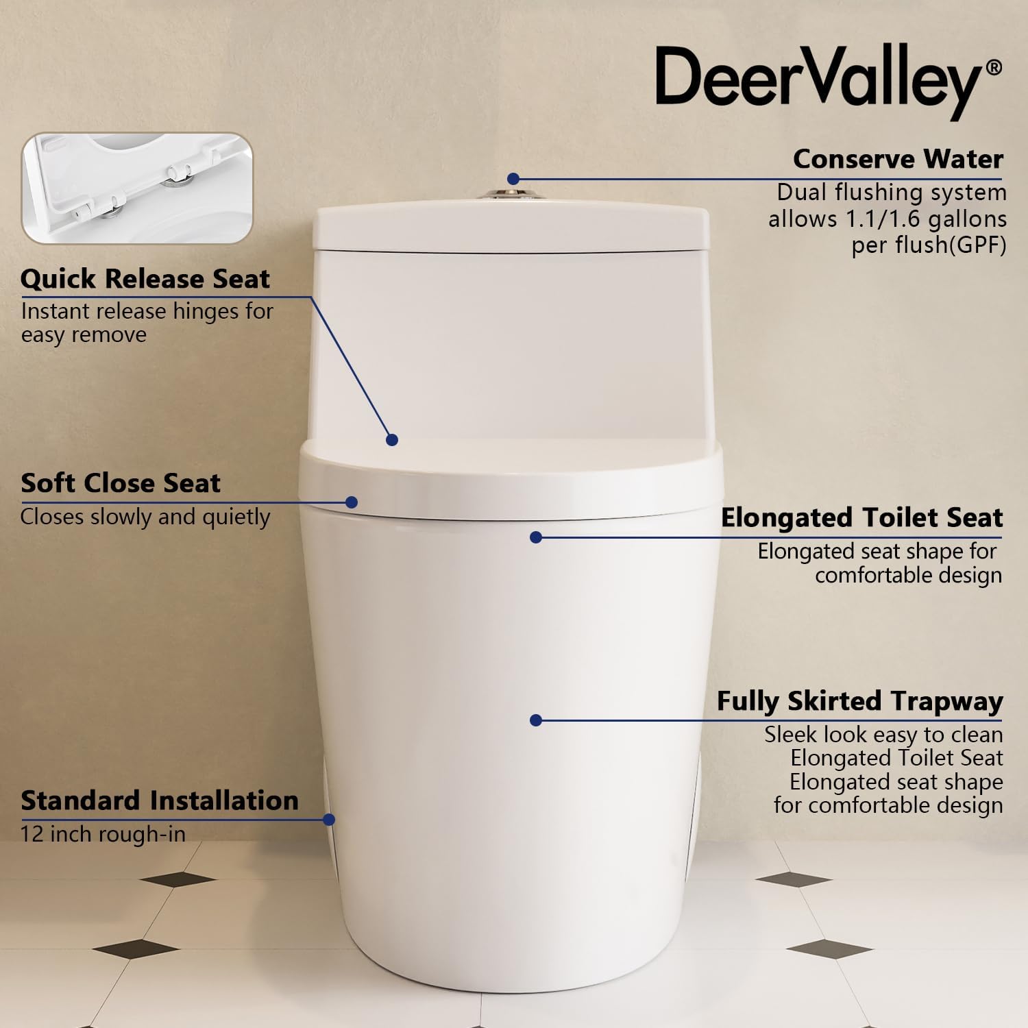 One Piece Toilet DeerValley 10' Rough-In Toilet for Bathroom 1.1/1.6 GPF Dual Flush Standard Bathroom Toilet with Soft-Closing and Quick-Release Seat DV-1F52816R