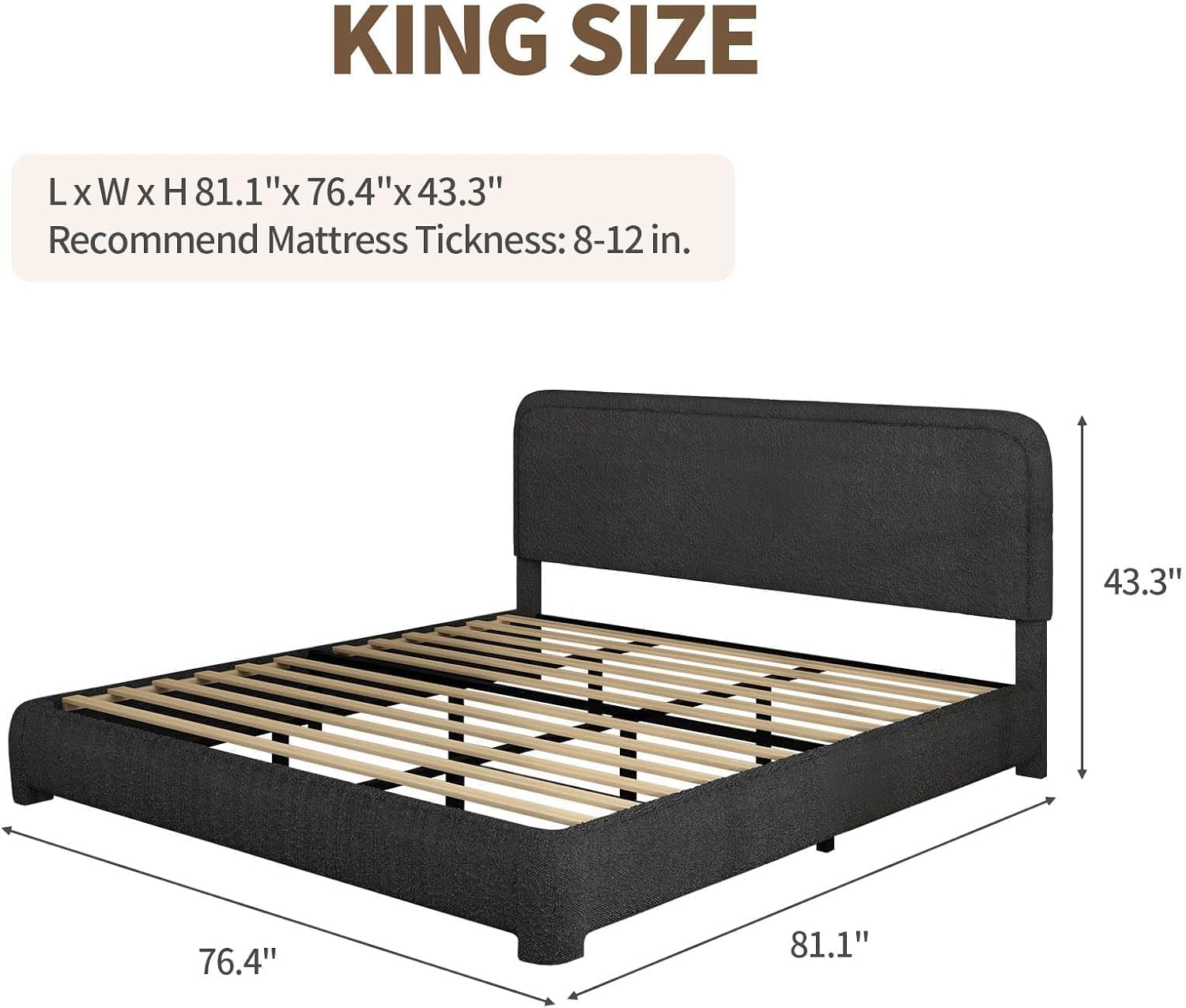 BarnFurin King Size Boucle Bed Frame and Headboard, Cloud Upholstered Platform Bed Frame, Soft Rounded Corners, No Box Spring Required, Non-Slip and Noise-Free, Easy Assembly, Black