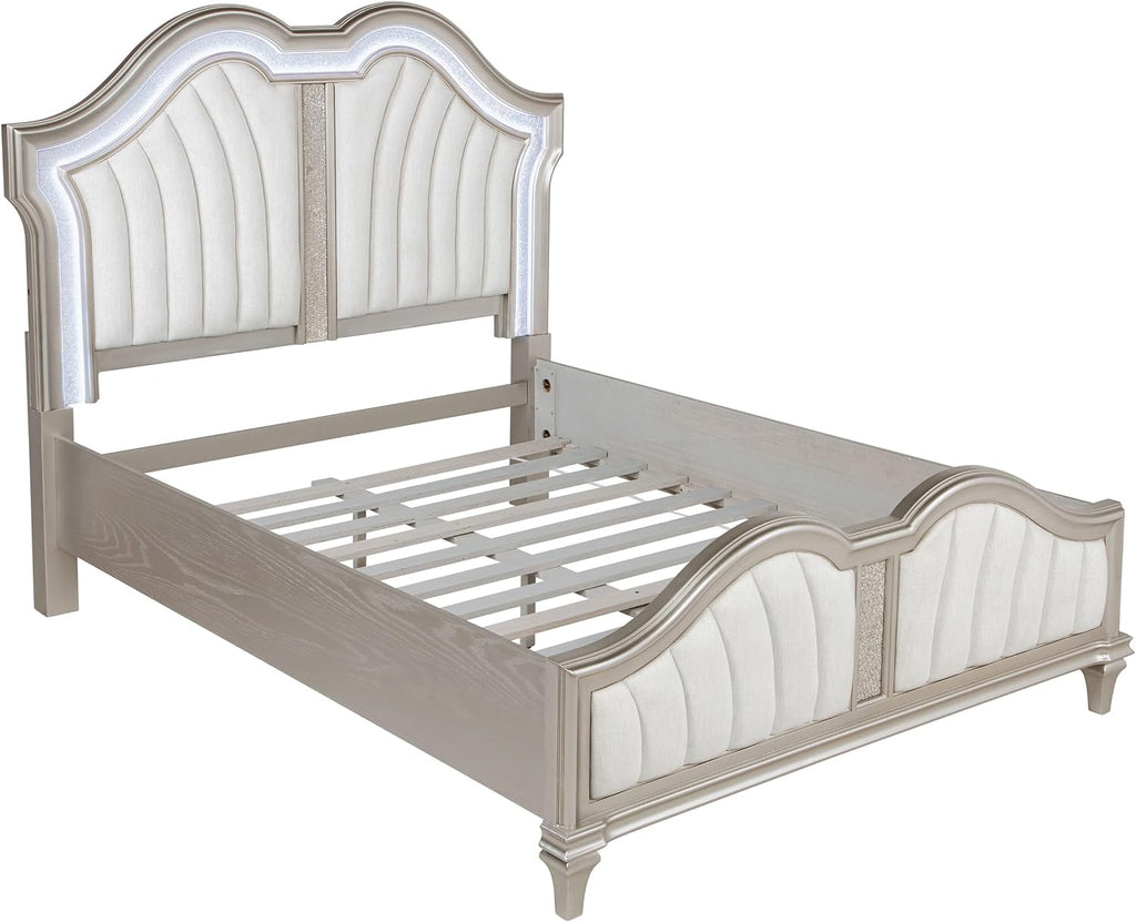 Coaster Home Furnishings Evangeline Modern Classic 4-Piece Bedroom Set Chenille Upholstered Queen Size LED Panel Bed Frame 64-inch Headboard Silver Oak 223391Q-S4