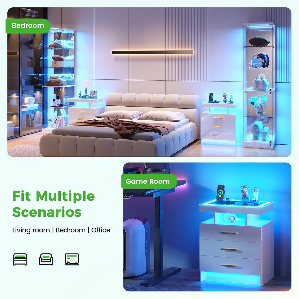 HNEBC Night Stand Set 2 with LED Lights, High Gloss Nightstand with 3 Drawers,Wireless&USB&Type-C Charging Station,Smart Side Tables with Tempered Glass Top for Bedroom,Living Room,Office-White