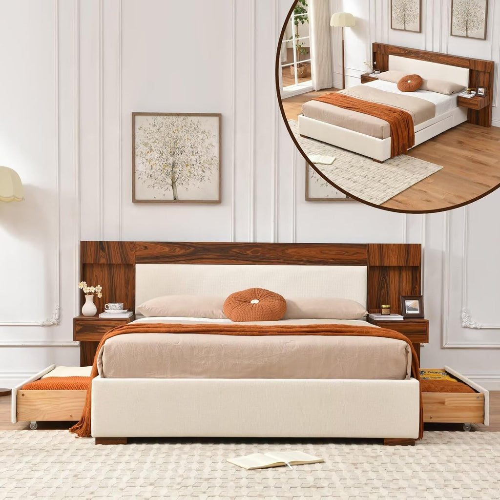 Queen Size Wood Bed Frame with Built-in Nightstands, Linen Platform Bed Frame with 2 Drawers, Natural Wood Grain & Luxury Upholstered Storage Headboard，No Box Spring Needed, Easy Assembly, Cream