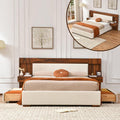 Queen Size Wood Bed Frame with Built-in Nightstands, Linen Platform Bed Frame with 2 Drawers, Natural Wood Grain & Luxury Upholstered Storage Headboard，No Box Spring Needed, Easy Assembly, Cream