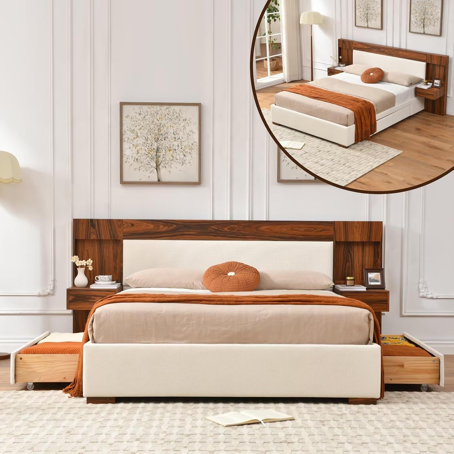 Queen Size Wood Bed Frame with Built-in Nightstands, Linen Platform Bed Frame with 2 Drawers, Natural Wood Grain & Luxury Upholstered Storage Headboard，No Box Spring Needed, Easy Assembly, Cream