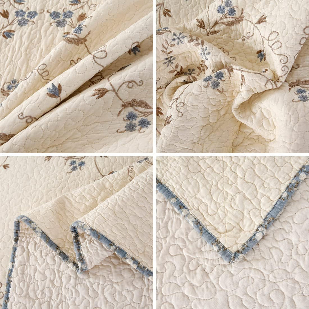 vctops 3-Piece 100% Cotton Bedspread Coverlet Set King Size Elegant Floral Embroidered Reversible Patchwork 1 Quilt and 2 Pillow Shams (Flower B,King)