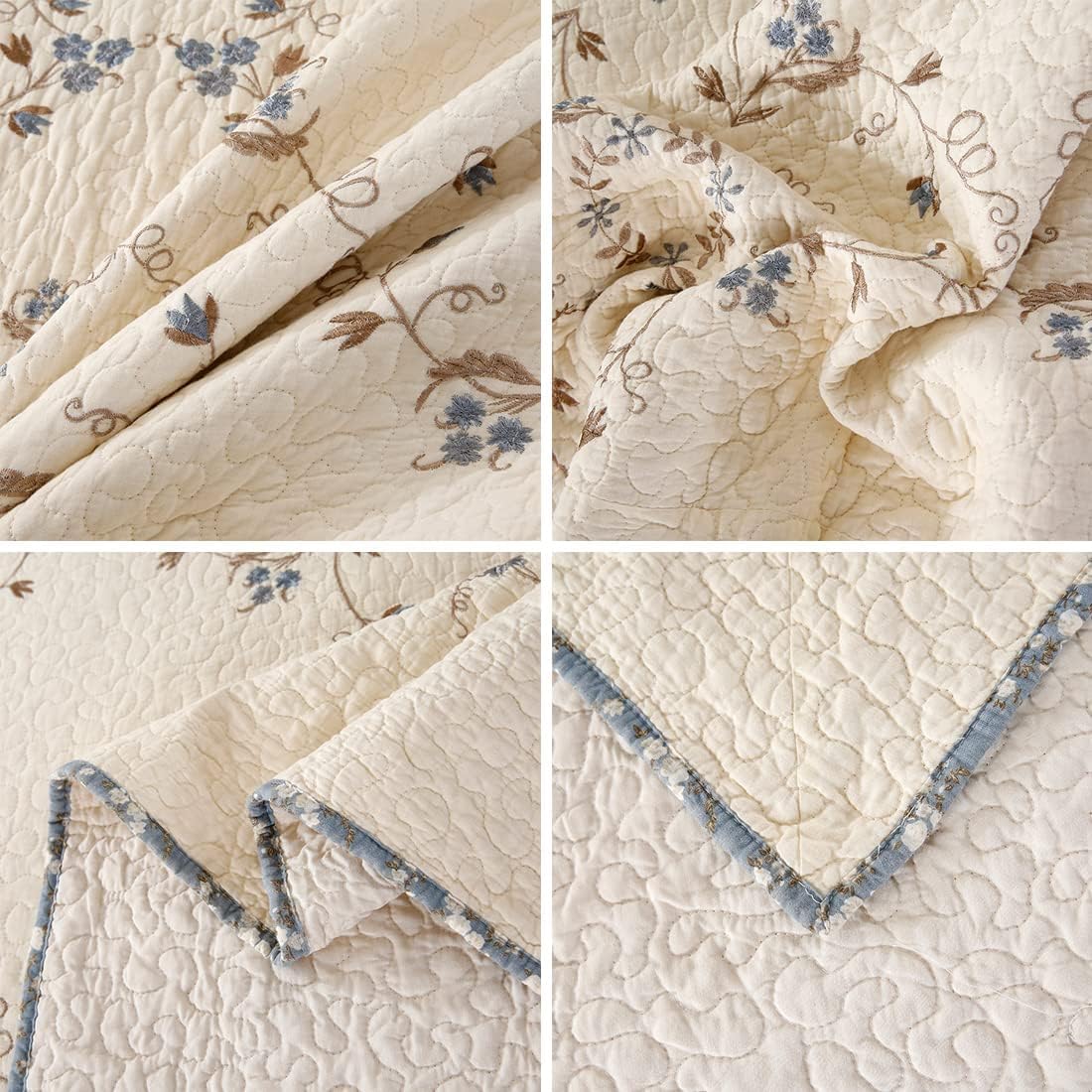 vctops 3-Piece 100% Cotton Bedspread Coverlet Set King Size Elegant Floral Embroidered Reversible Patchwork 1 Quilt and 2 Pillow Shams (Flower B,King)