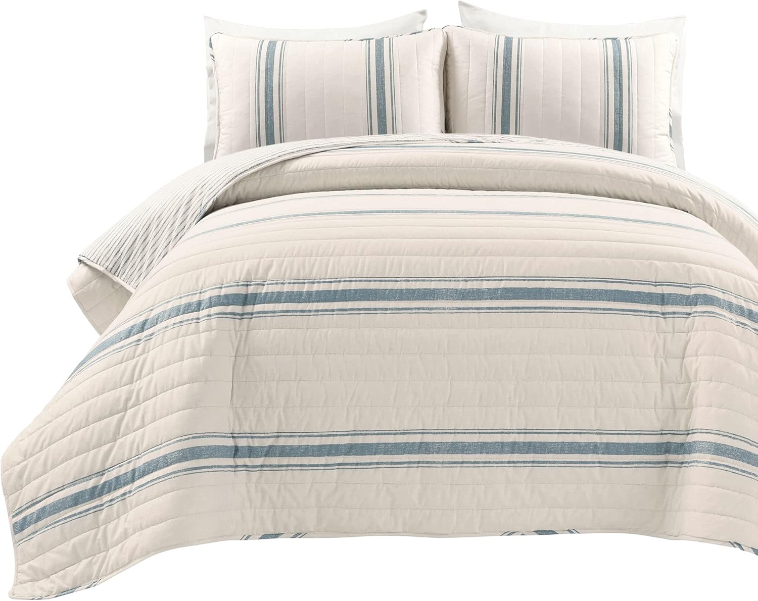 Lush Decor Farmhouse Stripe Reversible Cotton Quilt King Size 3 Piece Set Blue - Farmhouse Bedding Set King Quilt - Striped Bedding